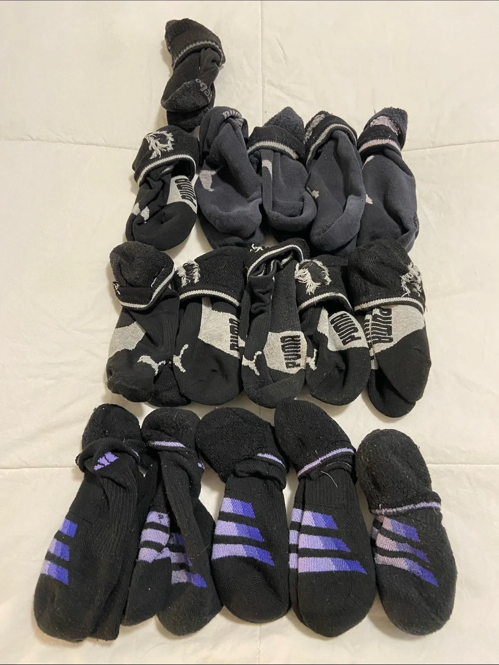 Ladies Puma/ Adidas  Crew Socks in Black, Gray and Purple Accents